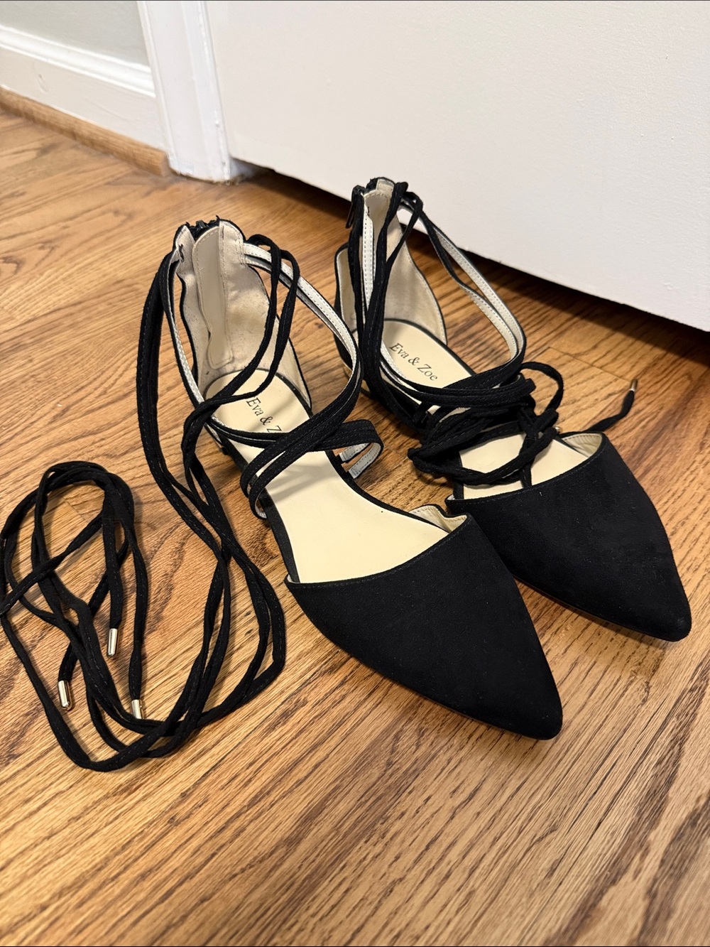 Black Lace-Up Pointed Toe Flats